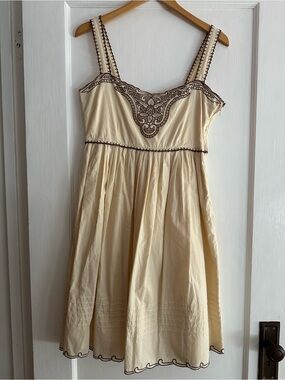 Vintage Anthropologie Viola Pale Yellow with Brown Embroidery Sundress